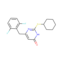 O=c1cc(Cc2c(F)cccc2F)nc(SC2CCCCC2)[nH]1 ZINC000013556520