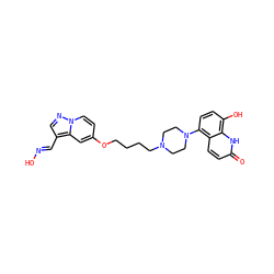 O=c1ccc2c(N3CCN(CCCCOc4ccn5ncc(/C=N/O)c5c4)CC3)ccc(O)c2[nH]1 ZINC001772583789