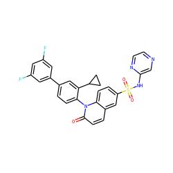 O=c1ccc2cc(S(=O)(=O)Nc3cnccn3)ccc2n1-c1ccc(-c2cc(F)cc(F)c2)cc1C1CC1 ZINC001772597059