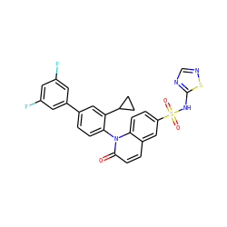 O=c1ccc2cc(S(=O)(=O)Nc3ncns3)ccc2n1-c1ccc(-c2cc(F)cc(F)c2)cc1C1CC1 ZINC001772624357