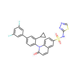 O=c1ccc2cc(S(=O)(=O)Nc3nncs3)ccc2n1-c1ccc(-c2cc(F)cc(F)c2)cc1C1CC1 ZINC001772577214