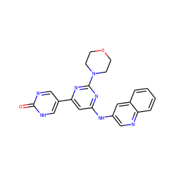O=c1ncc(-c2cc(Nc3cnc4ccccc4c3)nc(N3CCOCC3)n2)c[nH]1 ZINC000066074680