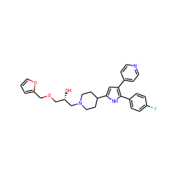 O[C@@H](COCc1ccco1)CN1CCC(c2cc(-c3ccncc3)c(-c3ccc(F)cc3)[nH]2)CC1 ZINC000028525916