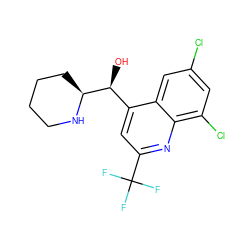 O[C@@H](c1cc(C(F)(F)F)nc2c(Cl)cc(Cl)cc12)[C@@H]1CCCCN1 ZINC000001572962