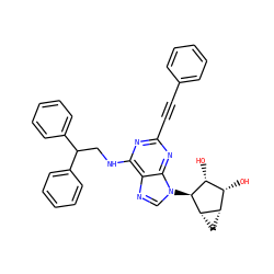 O[C@@H]1[C@H](O)[C@@H]2C[C@@H]2[C@H]1n1cnc2c(NCC(c3ccccc3)c3ccccc3)nc(C#Cc3ccccc3)nc21 ZINC000084687373