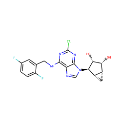 O[C@@H]1[C@H](O)[C@@H]2C[C@@H]2[C@H]1n1cnc2c(NCc3cc(F)ccc3F)nc(Cl)nc21 ZINC000084603097