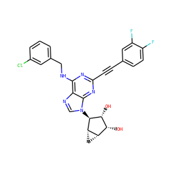 O[C@@H]1[C@H](O)[C@@H]2C[C@@H]2[C@H]1n1cnc2c(NCc3cccc(Cl)c3)nc(C#Cc3ccc(F)c(F)c3)nc21 ZINC000084689659
