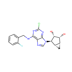 O[C@@H]1[C@H](O)[C@@H]2C[C@@H]2[C@H]1n1cnc2c(NCc3ccccc3F)nc(Cl)nc21 ZINC000084615047