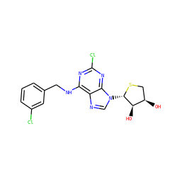 O[C@@H]1CS[C@@H](n2cnc3c(NCc4cccc(Cl)c4)nc(Cl)nc32)[C@@H]1O ZINC000028656113