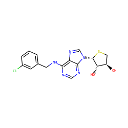 O[C@@H]1CS[C@@H](n2cnc3c(NCc4cccc(Cl)c4)ncnc32)[C@H]1O ZINC000202795135