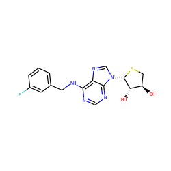 O[C@@H]1CS[C@@H](n2cnc3c(NCc4cccc(F)c4)ncnc32)[C@H]1O ZINC000202795425