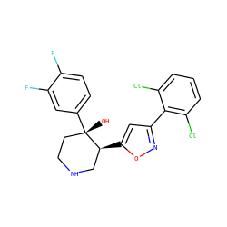 O[C@]1(c2ccc(F)c(F)c2)CCNC[C@@H]1c1cc(-c2c(Cl)cccc2Cl)no1 ZINC000084616584