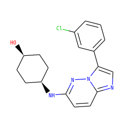 O[C@H]1CC[C@@H](Nc2ccc3ncc(-c4cccc(Cl)c4)n3n2)CC1 ZINC000113135376