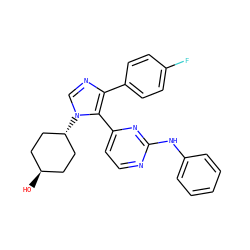 O[C@H]1CC[C@H](n2cnc(-c3ccc(F)cc3)c2-c2ccnc(Nc3ccccc3)n2)CC1 ZINC000261135899