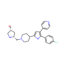 O[C@H]1CN[C@@H](CN2CCC(c3cc(-c4ccncc4)c(-c4ccc(F)cc4)[nH]3)CC2)C1 ZINC000028528825