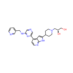 OC[C@@H](O)CN1CCC(c2cc3c(-c4cncc(NCc5cccnc5)n4)ccnc3[nH]2)CC1 ZINC000220326679