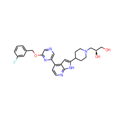 OC[C@@H](O)CN1CCC(c2cc3c(-c4cncc(OCc5cccc(F)c5)n4)ccnc3[nH]2)CC1 ZINC000220366056