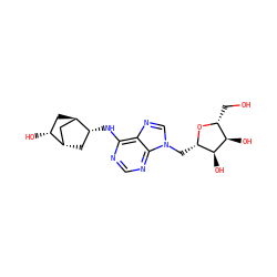 OC[C@H]1O[C@@H](Cn2cnc3c(N[C@@H]4C[C@H]5C[C@H]4C[C@H]5O)ncnc32)[C@H](O)[C@@H]1O ZINC000299847506