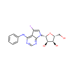 OC[C@H]1O[C@@H](n2cc(I)c3c(Nc4ccccc4)ncnc32)[C@H](O)[C@@H]1O ZINC000013809492