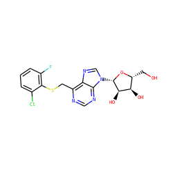 OC[C@H]1O[C@@H](n2cnc3c(CSc4c(F)cccc4Cl)ncnc32)[C@H](O)[C@@H]1O ZINC000029057558