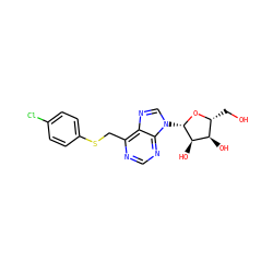 OC[C@H]1O[C@@H](n2cnc3c(CSc4ccc(Cl)cc4)ncnc32)[C@H](O)[C@@H]1O ZINC000029058669