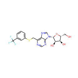OC[C@H]1O[C@@H](n2cnc3c(CSc4cccc(C(F)(F)F)c4)ncnc32)[C@H](O)[C@@H]1O ZINC000029059315