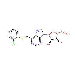 OC[C@H]1O[C@@H](n2cnc3c(CSc4ccccc4Cl)ncnc32)[C@H](O)[C@@H]1O ZINC000029057543