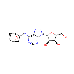 OC[C@H]1O[C@@H](n2cnc3c(N[C@@H]4C[C@H]5C=C[C@H]4O5)ncnc32)[C@H](O)[C@@H]1O ZINC000195389057