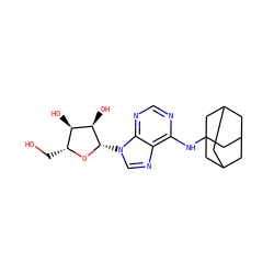 OC[C@H]1O[C@@H](n2cnc3c(NC45CC6CC(CC(C6)C4)C5)ncnc32)[C@H](O)[C@@H]1O ZINC000049113183