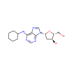 OC[C@H]1O[C@@H](n2cnc3c(NC4CCCCC4)ncnc32)C[C@@H]1O ZINC000012405896