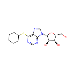 OC[C@H]1O[C@@H](n2cnc3c(SC4CCCCC4)ncnc32)[C@H](O)[C@@H]1O ZINC000029058705