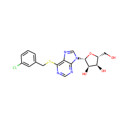 OC[C@H]1O[C@@H](n2cnc3c(SCc4cccc(Cl)c4)ncnc32)[C@H](O)[C@@H]1O ZINC000040874042