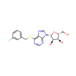 OC[C@H]1O[C@@H](n2cnc3c(SCc4cccc(F)c4)ncnc32)[C@H](O)[C@@H]1O ZINC000040873812