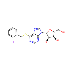 OC[C@H]1O[C@@H](n2cnc3c(SCc4ccccc4I)ncnc32)[C@H](O)[C@@H]1O ZINC000040914126