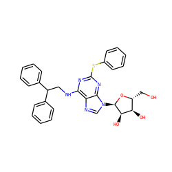 OC[C@H]1O[C@H](n2cnc3c(NCC(c4ccccc4)c4ccccc4)nc(Sc4ccccc4)nc32)[C@H](O)[C@@H]1O ZINC000049767165