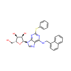 OC[C@H]1O[C@H](n2cnc3c(NCc4cccc5ccccc45)nc(Sc4ccccc4)nc32)[C@H](O)[C@@H]1O ZINC000049055084