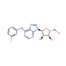 OC[C@H]1O[C@H](n2cnc3c(Nc4cccc(I)c4)ncnc32)[C@H](O)[C@@H]1O ZINC000049014917