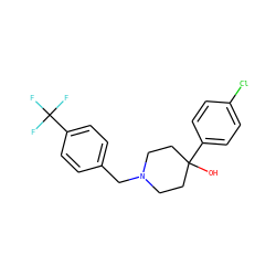 OC1(c2ccc(Cl)cc2)CCN(Cc2ccc(C(F)(F)F)cc2)CC1 ZINC000013553169