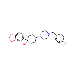OC1(c2ccc3c(c2)OCO3)CCC(N2CCN(Cc3ccc(Cl)cc3)CC2)CC1 ZINC000022926659