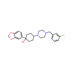 OC1(c2ccc3c(c2)OCO3)CCC(N2CCN(Cc3cccc(Cl)c3)CC2)CC1 ZINC000022926644