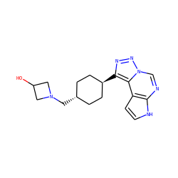 OC1CN(C[C@H]2CC[C@H](c3nnn4cnc5[nH]ccc5c34)CC2)C1 ZINC001772646747