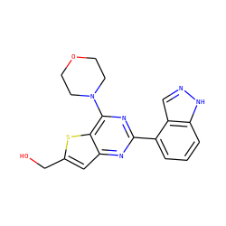OCc1cc2nc(-c3cccc4[nH]ncc34)nc(N3CCOCC3)c2s1 ZINC000049046033