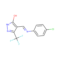 Oc1[nH]nc(C(F)(F)F)c1/C=N/c1ccc(Cl)cc1 ZINC000101964278