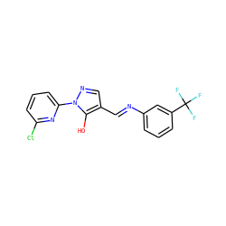 Oc1c(/C=N/c2cccc(C(F)(F)F)c2)cnn1-c1cccc(Cl)n1 ZINC000101700337
