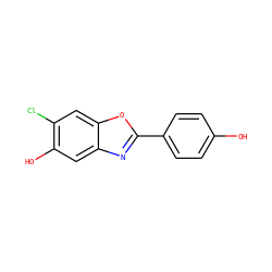 Oc1ccc(-c2nc3cc(O)c(Cl)cc3o2)cc1 ZINC000013583630