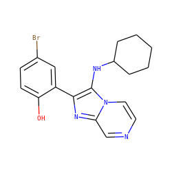 Oc1ccc(Br)cc1-c1nc2cnccn2c1NC1CCCCC1 ZINC000018084959