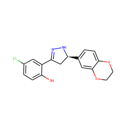 Oc1ccc(Cl)cc1C1=NN[C@@H](c2ccc3c(c2)OCCO3)C1 ZINC000001463794