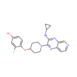 Oc1ccc(OC2CCN(c3nc4ccncc4nc3NC3CC3)CC2)c(F)c1 ZINC000653668782