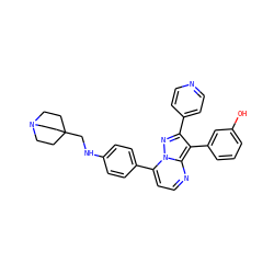 Oc1cccc(-c2c(-c3ccncc3)nn3c(-c4ccc(NCC56CCN(CC5)CC6)cc4)ccnc23)c1 ZINC000049111099