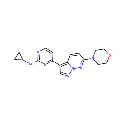 c1cc(-c2cnn3nc(N4CCOCC4)ccc23)nc(NC2CC2)n1 ZINC000040424926